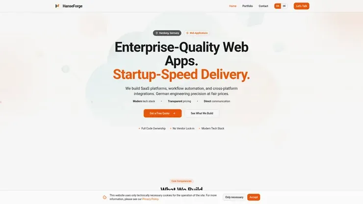 Website von Hanseforge mit strukturierter Übersicht der technischen Leistungen auf dunklem, sachlichem Layout