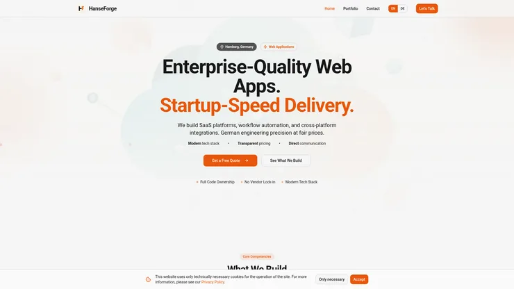 Website von Hanseforge mit Übersicht der Fertigungsleistungen