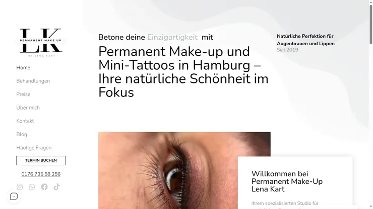 Startseite des Permanent-Make-up-Studios PMU Hamburg mit Behandlungsübersicht